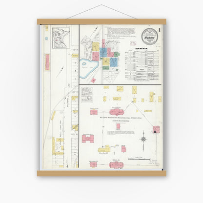 Old map wall art mockup — magnetic wood frame on white wall — Sanborn Fire Insurance Map from Morris, Stevens County, Minnesota (1915), Sheet #0001