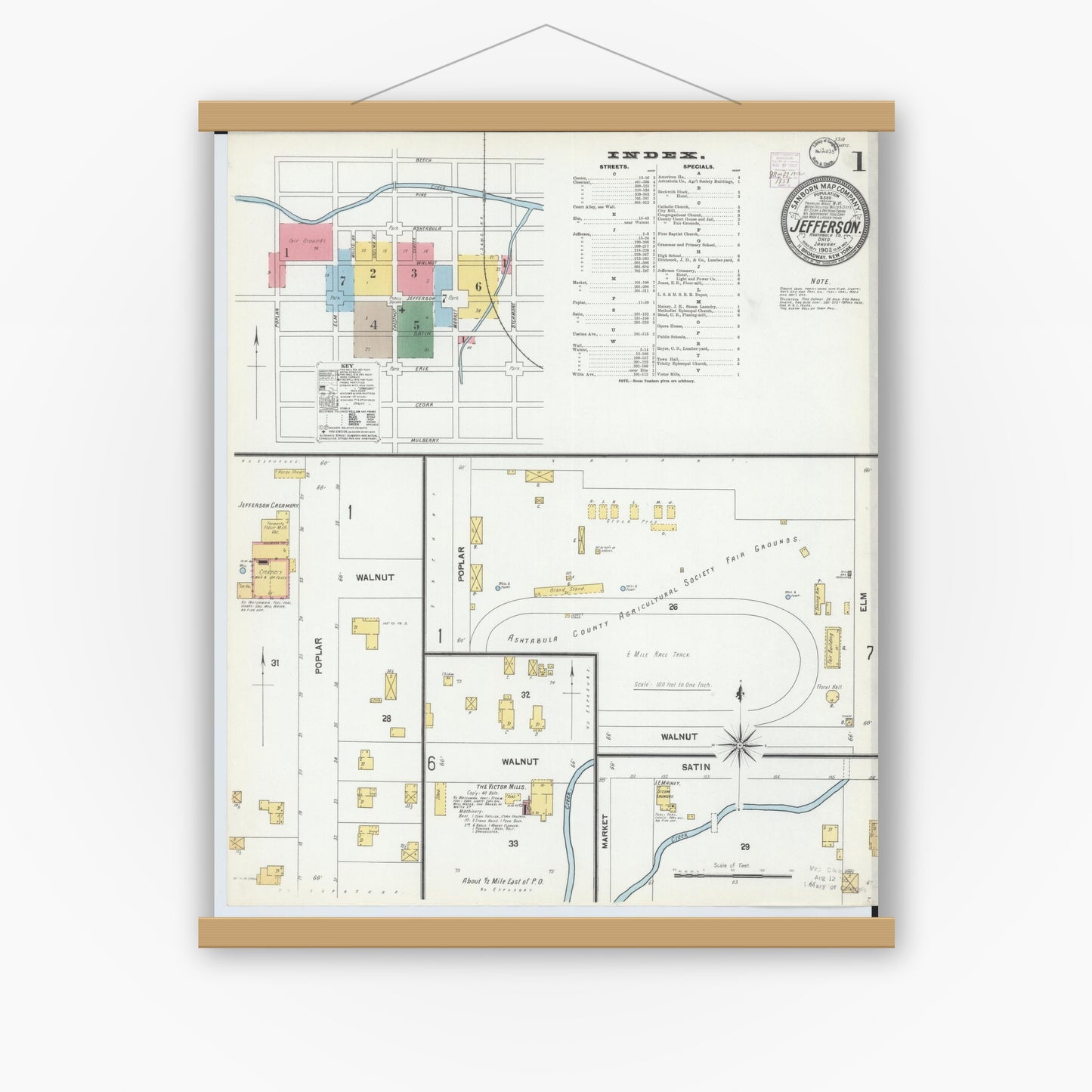 Old map wall art mockup — magnetic wood frame on white wall — Sanborn Fire Insurance Map from Jefferson, Ashtabula County, Ohio (1902), Sheet #0001