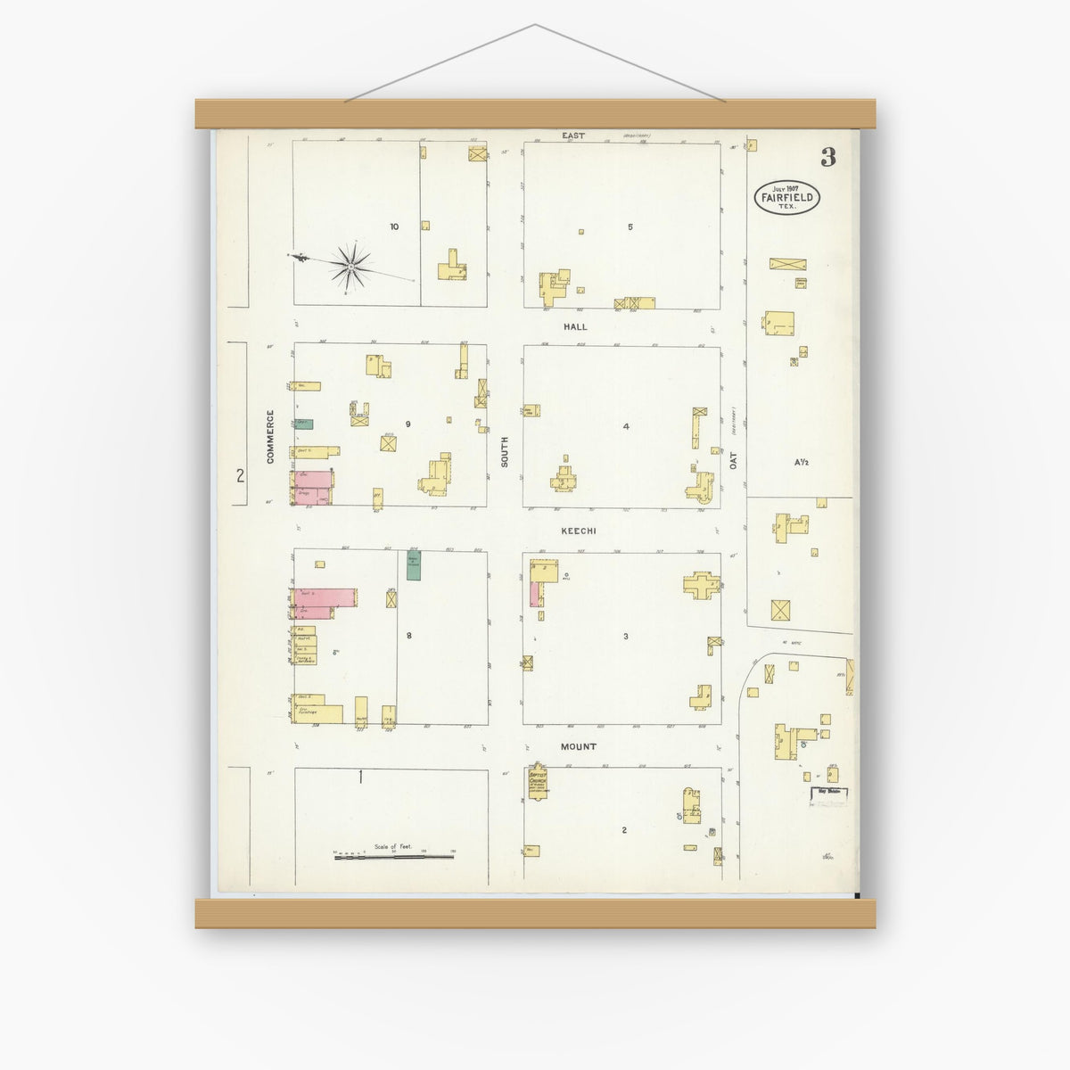 Old map wall art mockup — magnetic wood frame on white wall — Sanborn Fire Insurance Map from Fairfield, Freestone County, Texas (1907), Sheet #0003