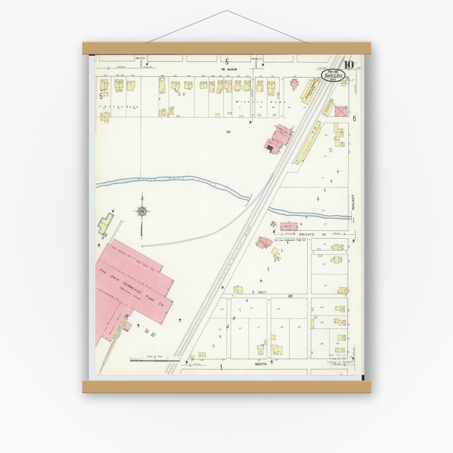 Old map wall art mockup — magnetic wood frame on white wall — Sanborn Fire Insurance Map from Shelby, Richland County, Ohio (1911), Sheet #0010