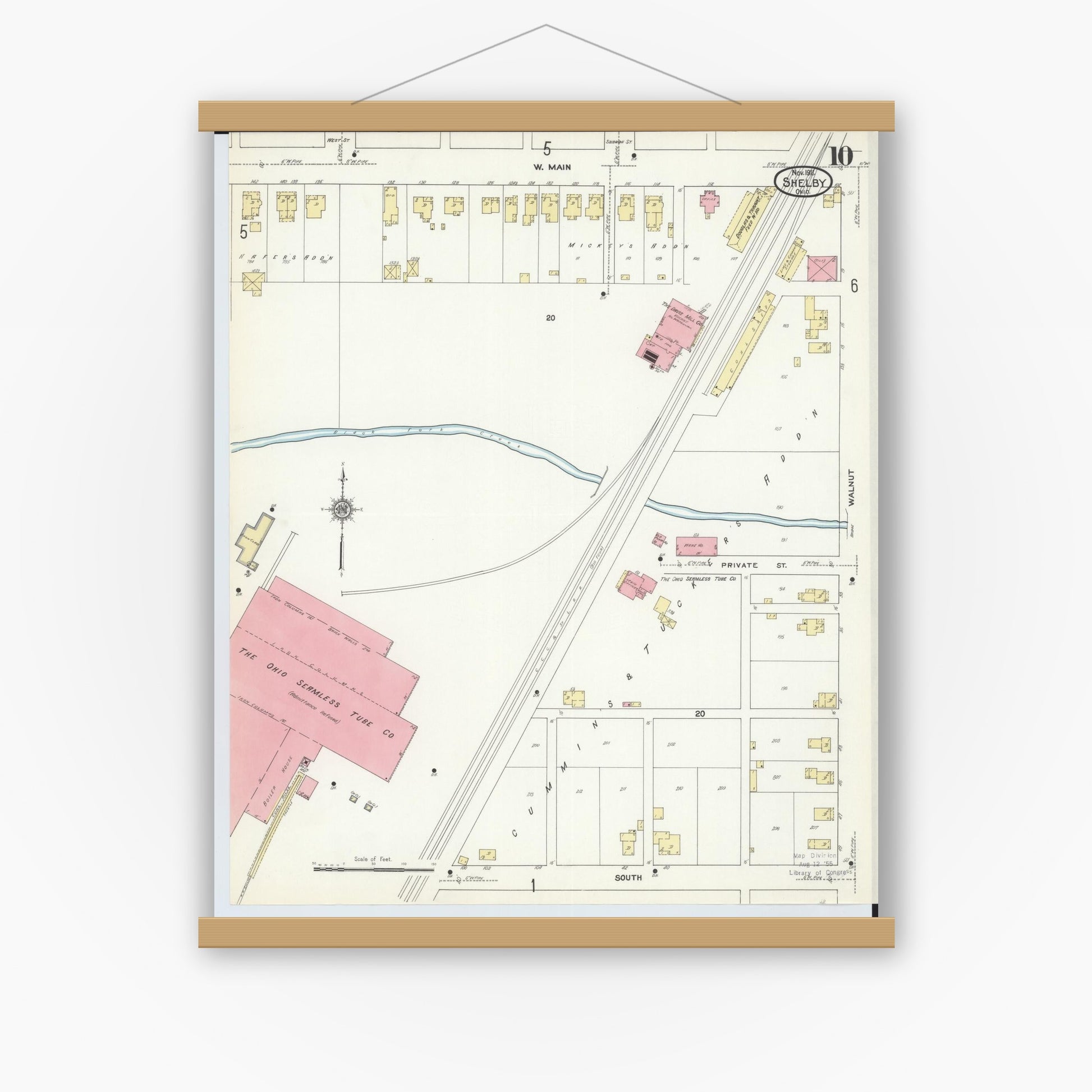 Old map wall art mockup — magnetic wood frame on white wall — Sanborn Fire Insurance Map from Shelby, Richland County, Ohio (1911), Sheet #0010