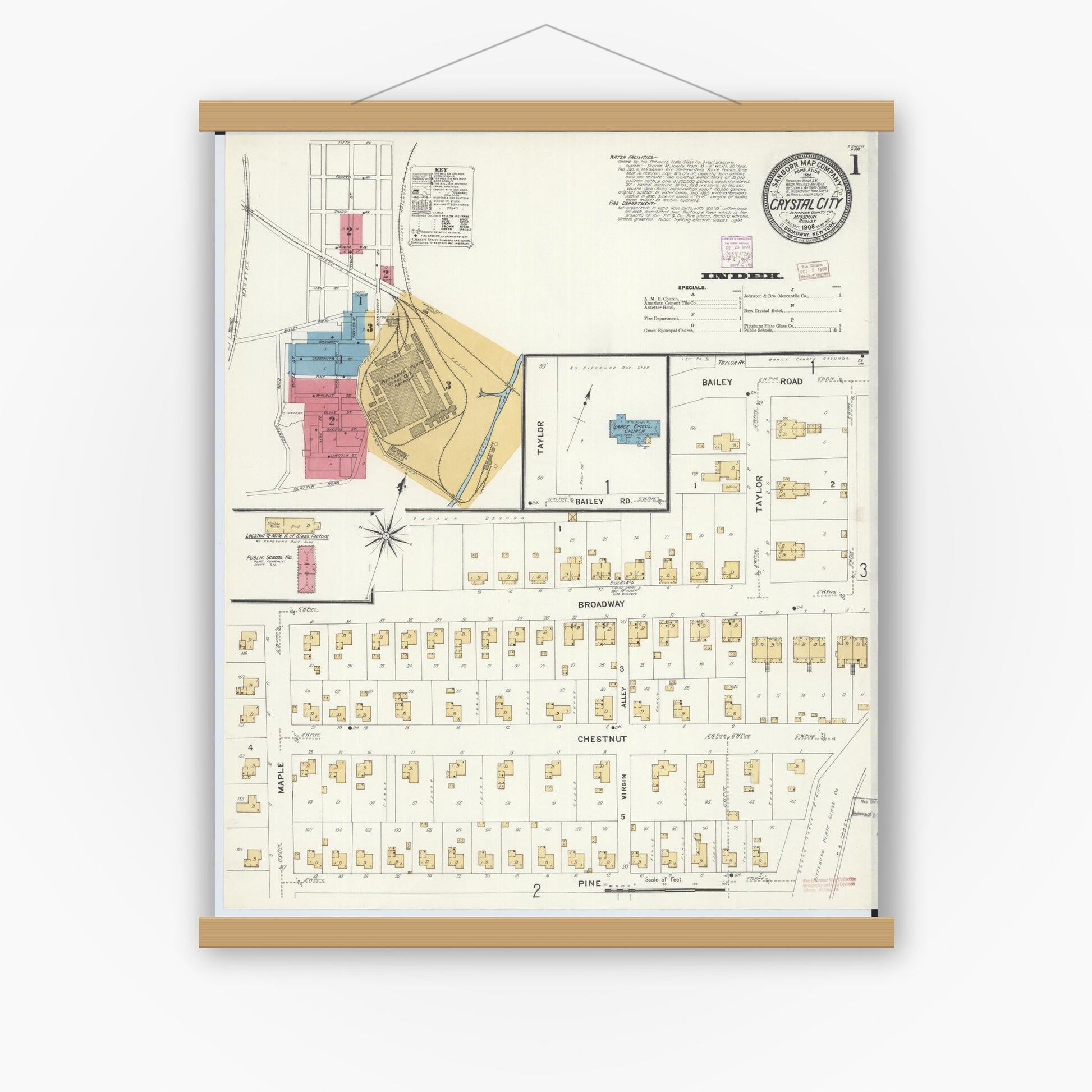 Old map wall art mockup — magnetic wood frame on white wall — Sanborn Fire Insurance Map from Crystal City, Jefferson County, Missouri (1908) - Complete Map Set