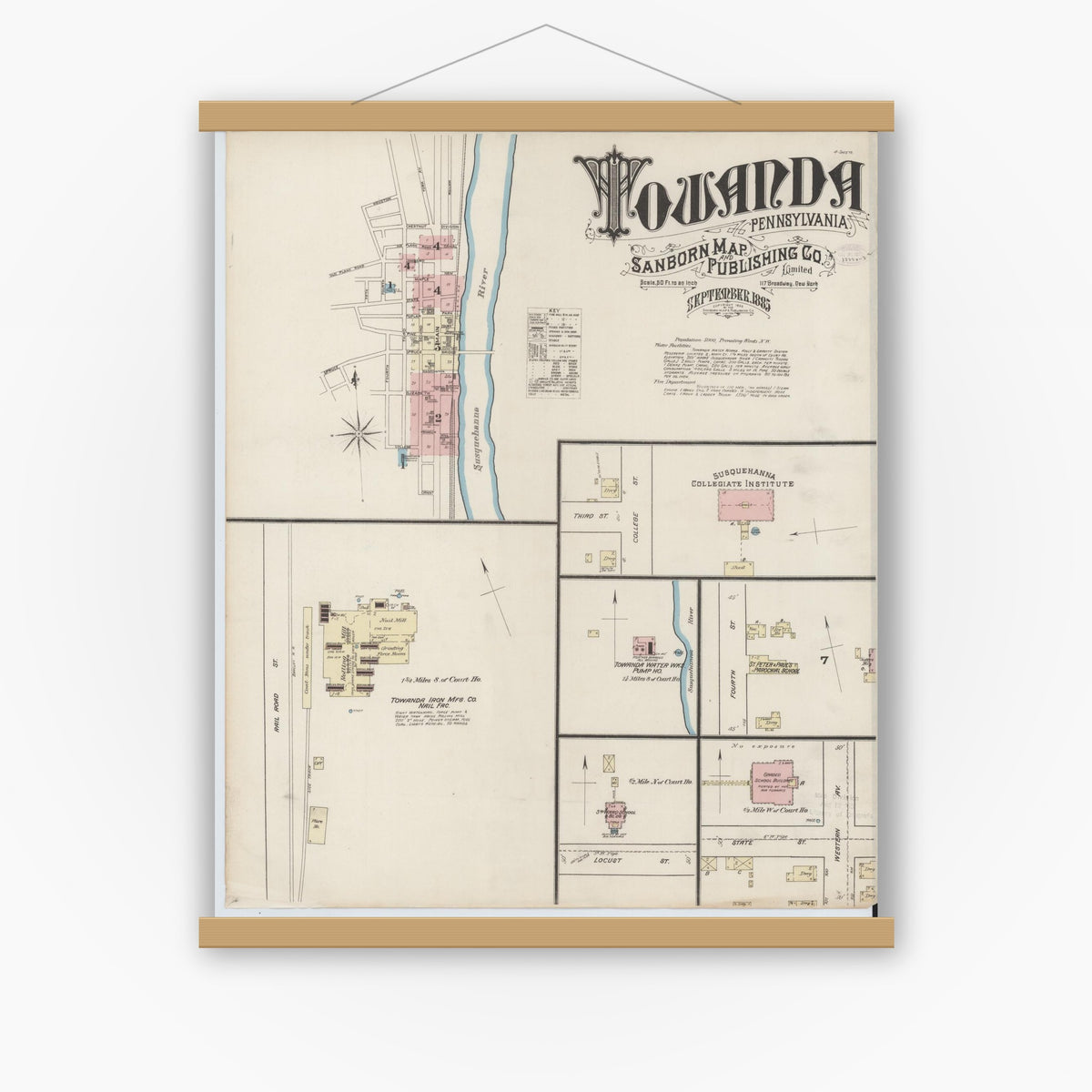 Old map wall art mockup — magnetic wood frame on white wall — Sanborn Fire Insurance Map from Towanda, Bradford County, Pennsylvania (1885) - Complete Map Set