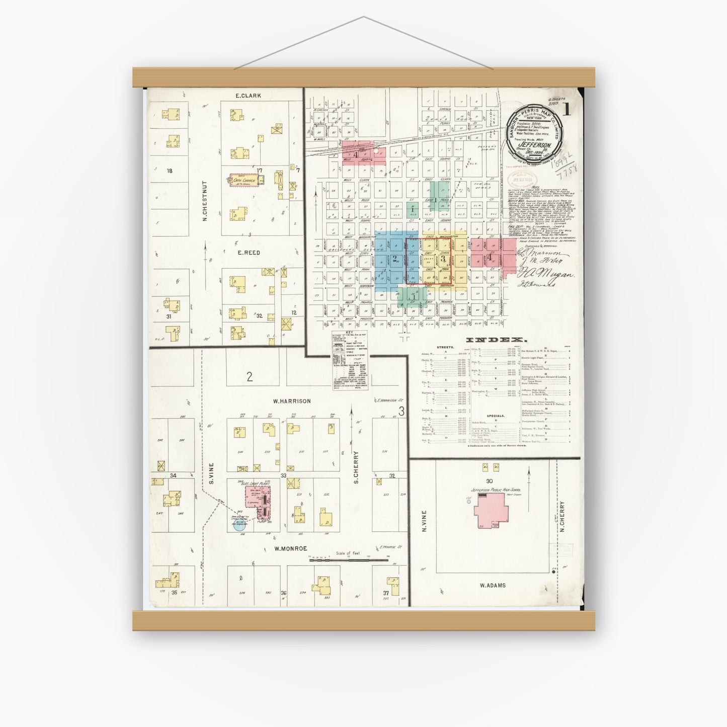 Old map wall art mockup — magnetic wood frame on white wall — Sanborn Fire Insurance Map from Jefferson, Greene County, Iowa (1898) â€” Complete Set