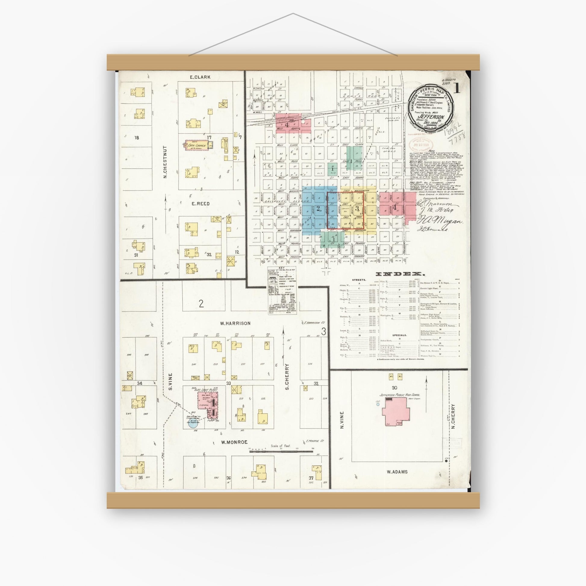 Old map wall art mockup — magnetic wood frame on white wall — Sanborn Fire Insurance Map from Jefferson, Greene County, Iowa (1898) â€” Complete Set