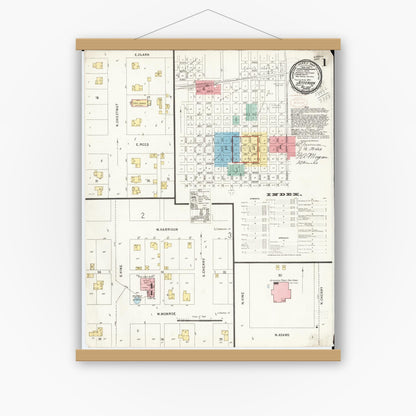 Old map wall art mockup — magnetic wood frame on white wall — Sanborn Fire Insurance Map from Jefferson, Greene County, Iowa (1898) â€” Complete Set