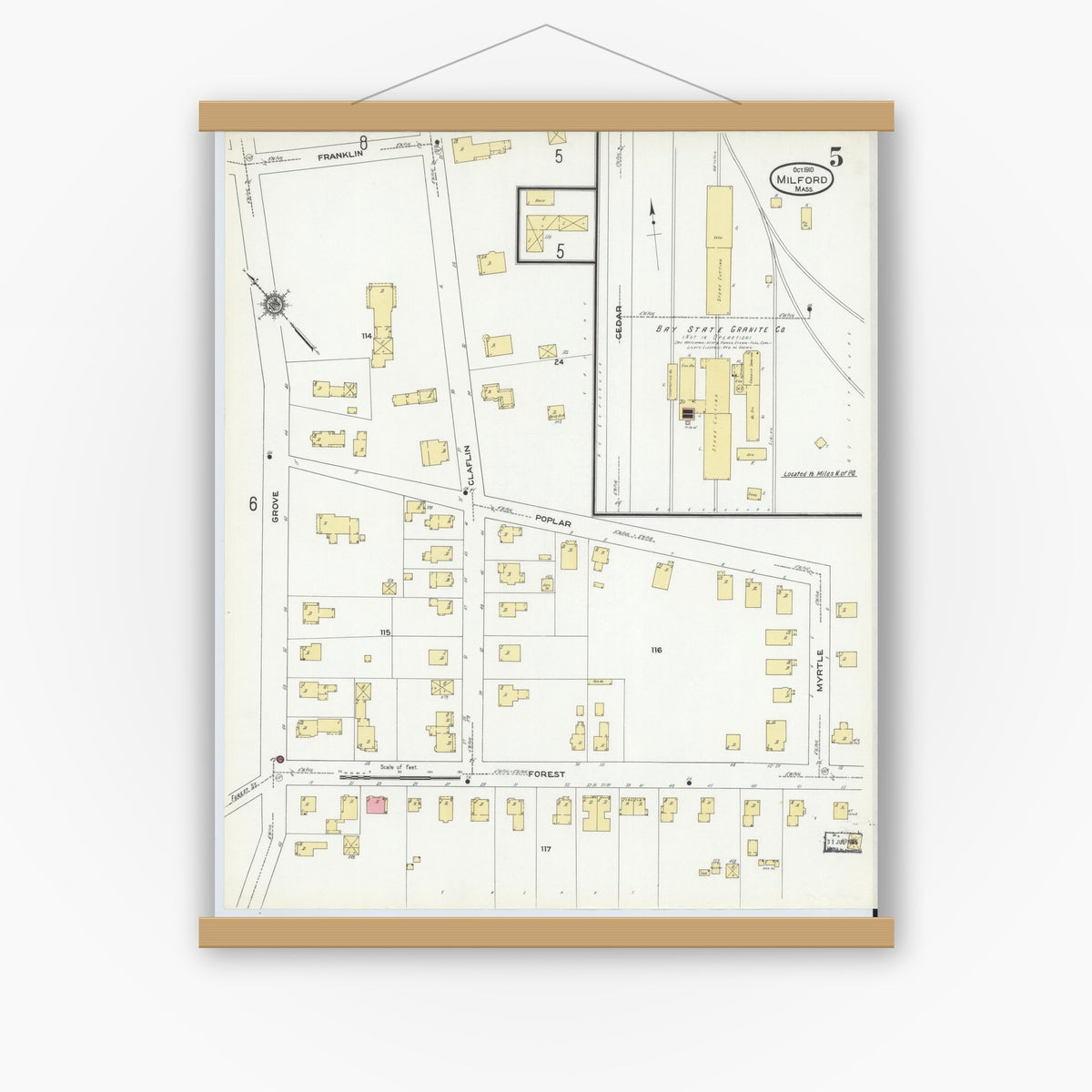 Old map wall art mockup — magnetic wood frame on white wall — Sanborn Fire Insurance Map from Milford, Worcester County, Massachusetts (1910), Sheet #0005