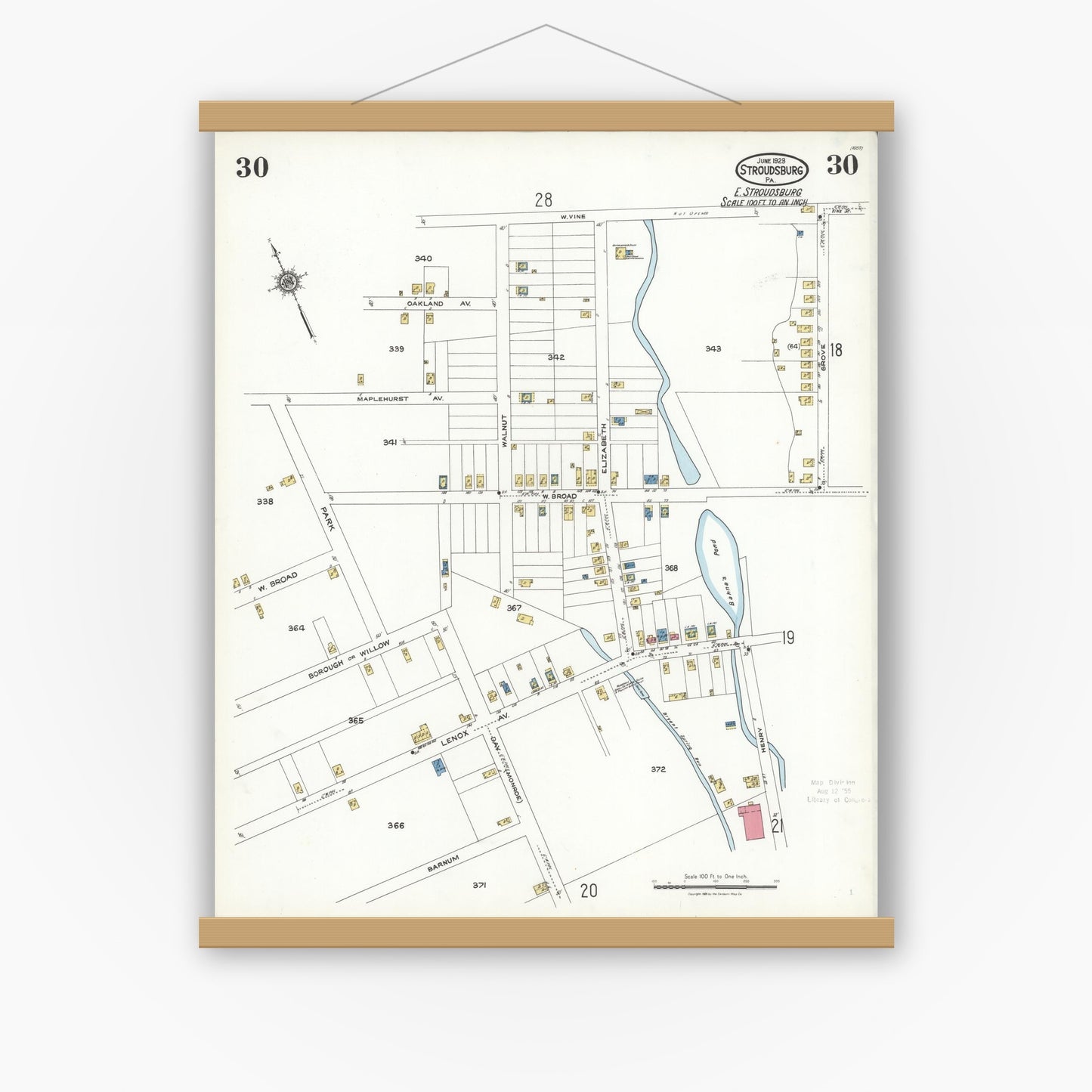 Old map wall art mockup — magnetic wood frame on white wall — Sanborn Fire Insurance Map from Stroudsburg, Monroe County, Pennsylvania (1923), Sheet #0030