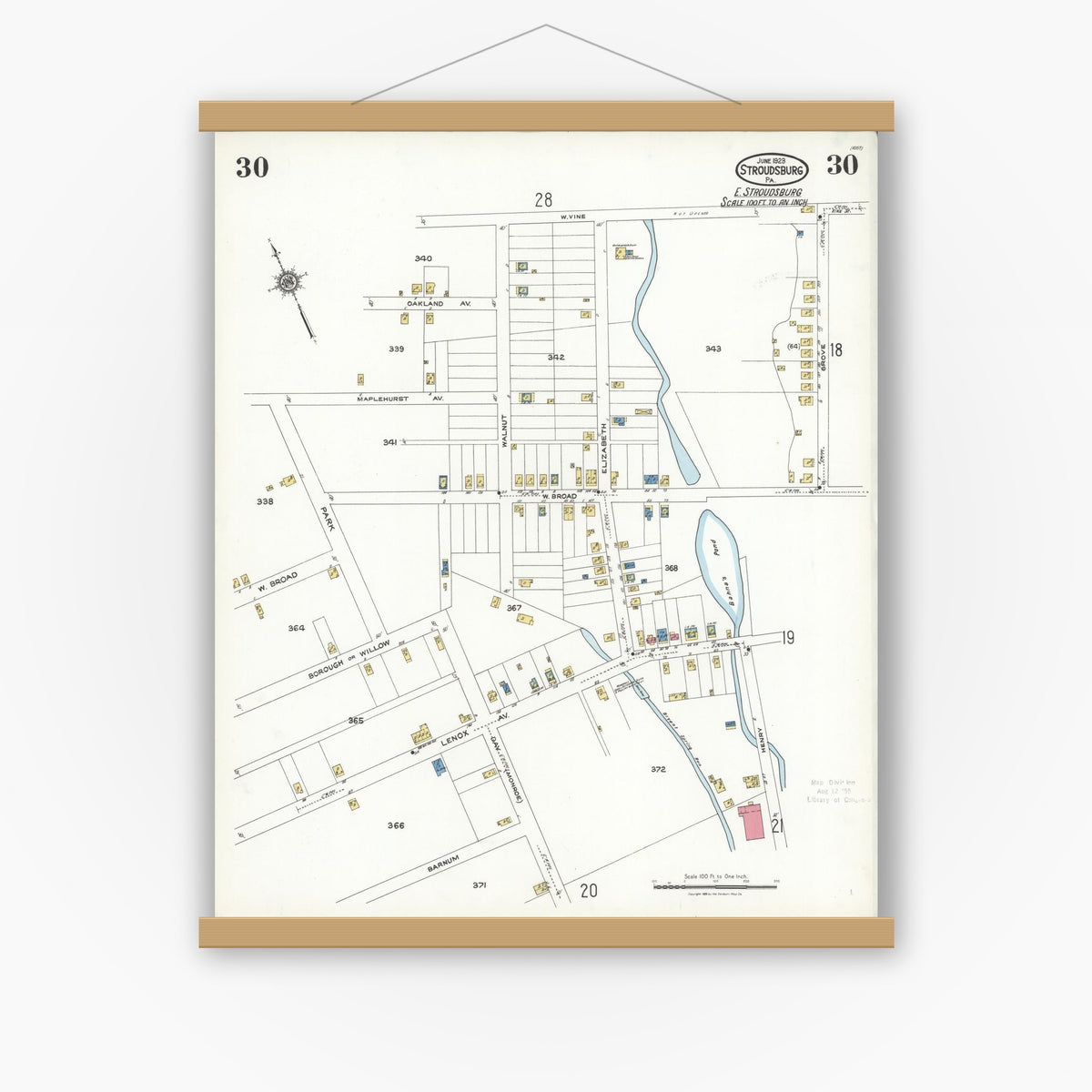 Old map wall art mockup — magnetic wood frame on white wall — Sanborn Fire Insurance Map from Stroudsburg, Monroe County, Pennsylvania (1923), Sheet #0030