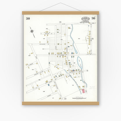 Old map wall art mockup — magnetic wood frame on white wall — Sanborn Fire Insurance Map from Stroudsburg, Monroe County, Pennsylvania (1923), Sheet #0030