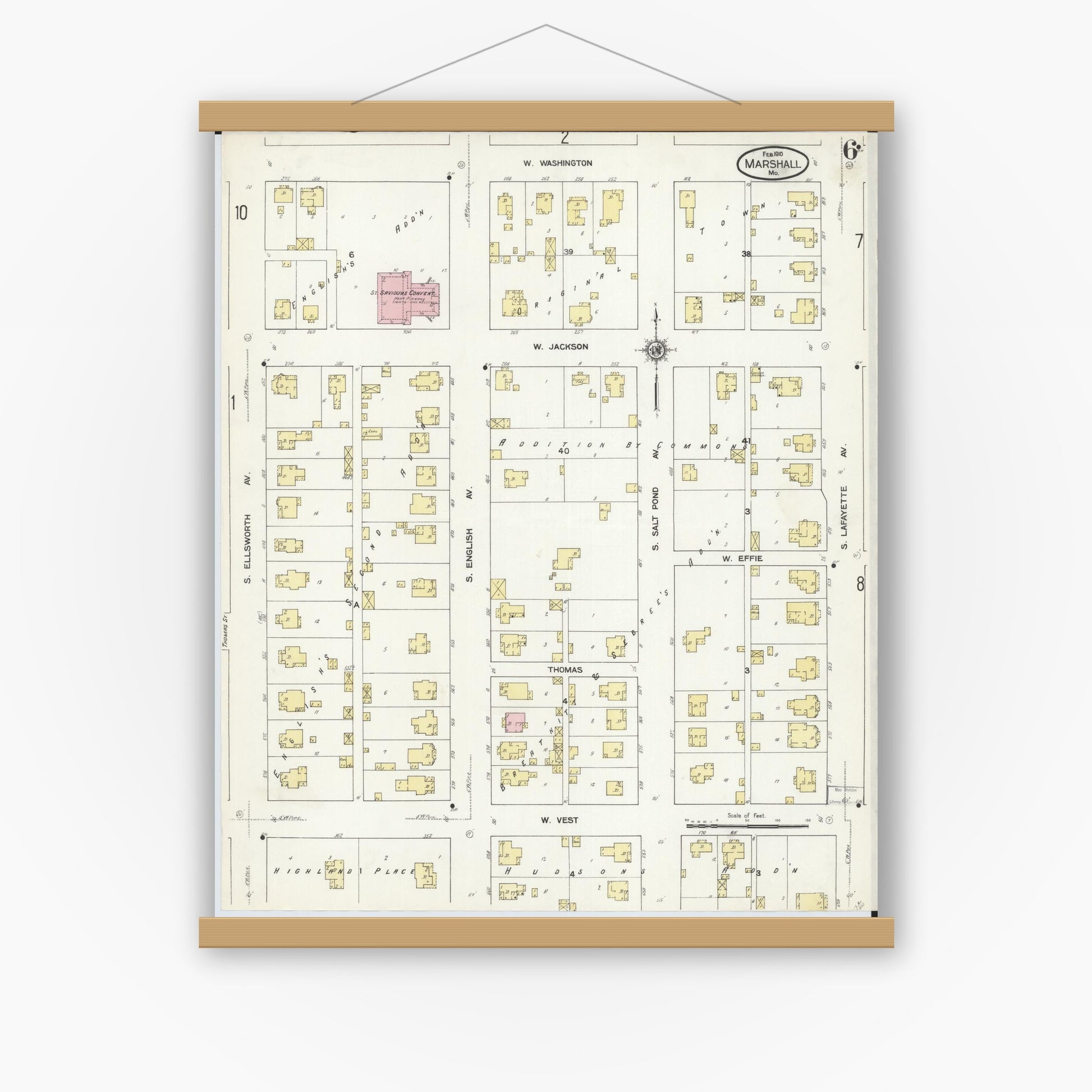 Old map wall art mockup — magnetic wood frame on white wall — Sanborn Fire Insurance Map from Marshall, Saline County, Missouri (1910), Sheet #0006