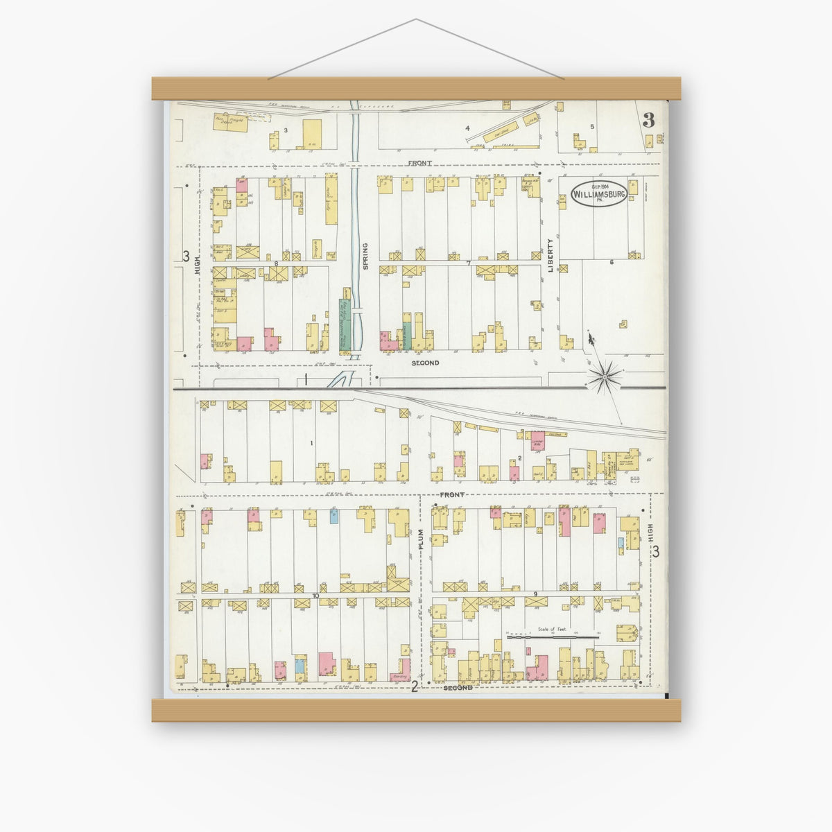 Old map wall art mockup — magnetic wood frame on white wall — Sanborn Fire Insurance Map from Williamsburg, Blair County, Pennsylvania (1904), Sheet #0003