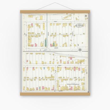 Old map wall art mockup — magnetic wood frame on white wall — Sanborn Fire Insurance Map from Williamsburg, Blair County, Pennsylvania (1904), Sheet #0003