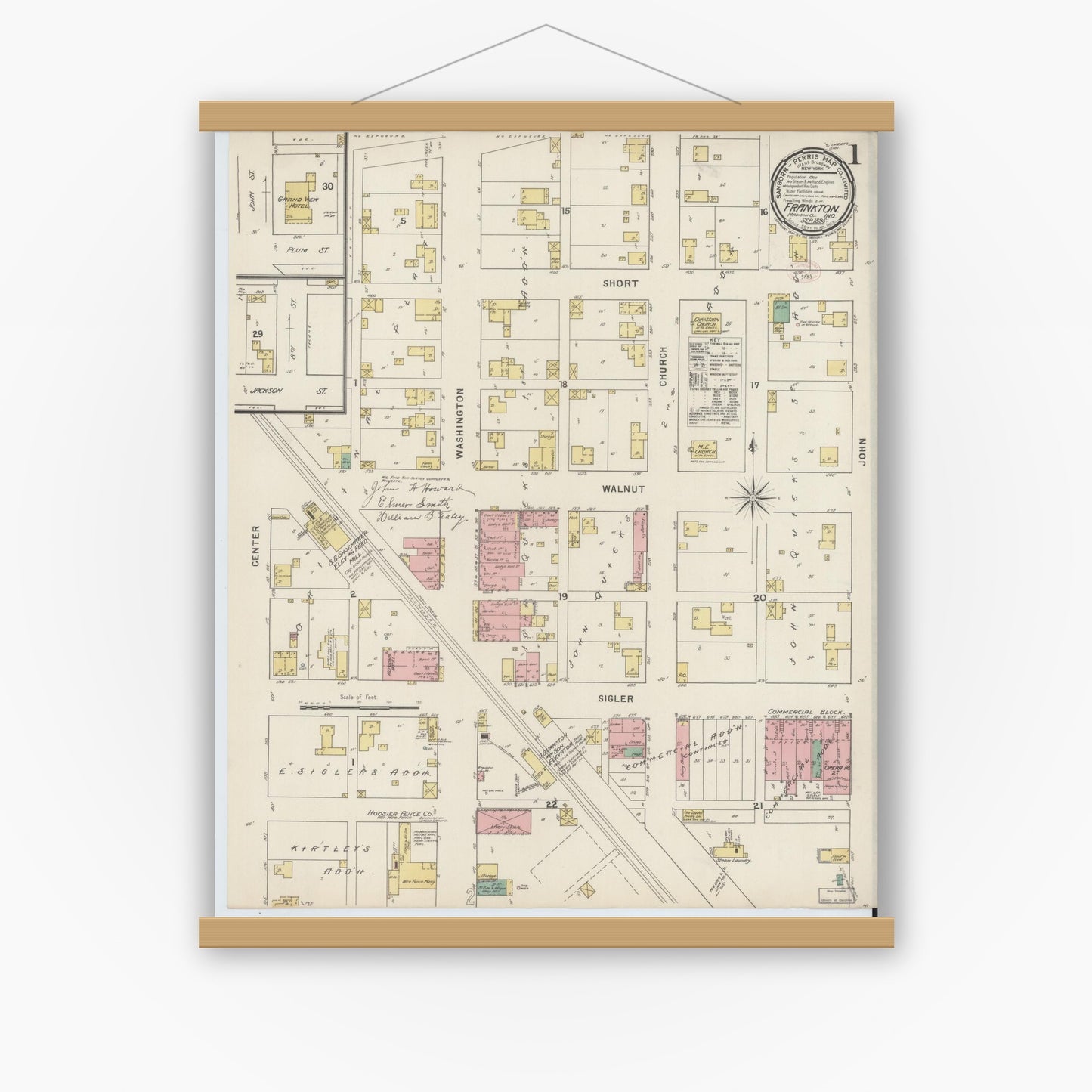 Old map wall art mockup — magnetic wood frame on white wall — Sanborn Fire Insurance Map from Frankton, Madison County, Indiana (1895) - Complete Map Set