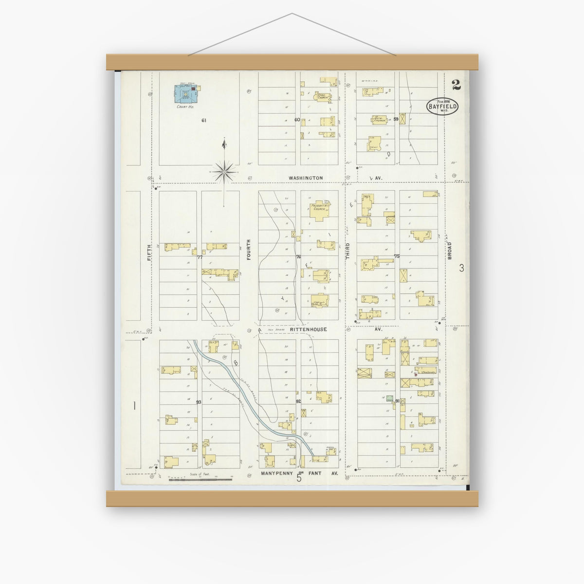 Old map wall art mockup — magnetic wood frame on white wall — Sanborn Fire Insurance Map from Bayfield, Bayfield County, Wisconsin (1898), Sheet #0002