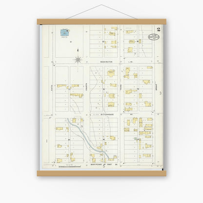Old map wall art mockup — magnetic wood frame on white wall — Sanborn Fire Insurance Map from Bayfield, Bayfield County, Wisconsin (1898), Sheet #0002