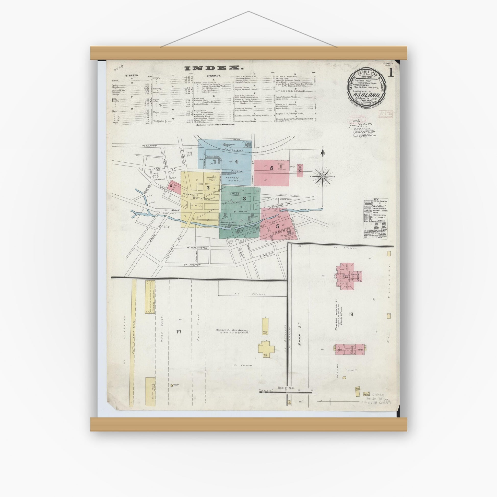 Old map wall art mockup — magnetic wood frame on white wall — Sanborn Fire Insurance Map from Ashland, Ashland County, Ohio (1893) - Complete Map Set