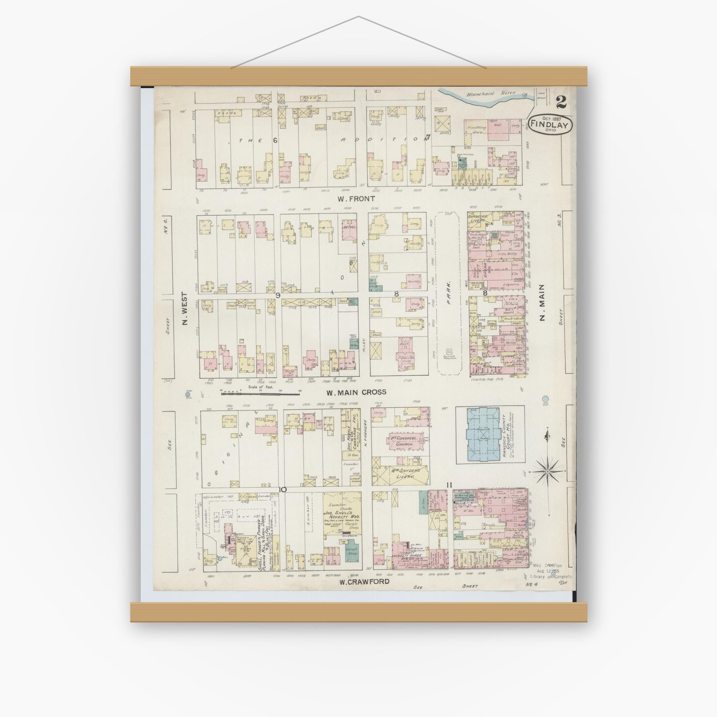 Old map wall art mockup — magnetic wood frame on white wall — Sanborn Fire Insurance Map from Findlay, Hancock County, Ohio (1887), Sheet #0002