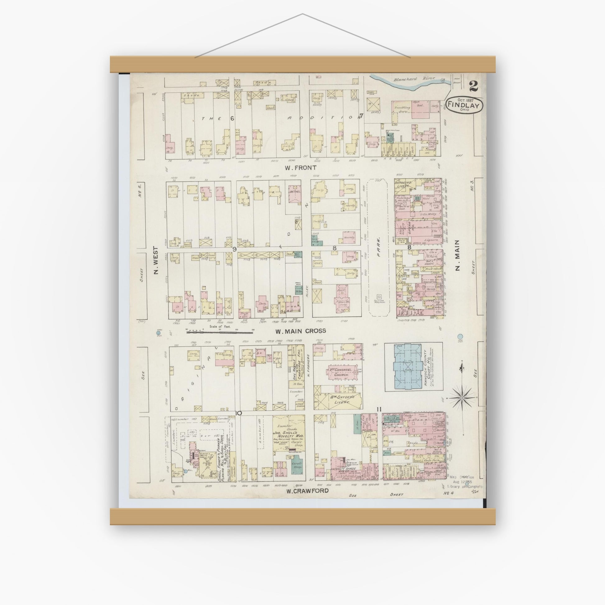 Old map wall art mockup — magnetic wood frame on white wall — Sanborn Fire Insurance Map from Findlay, Hancock County, Ohio (1887), Sheet #0002