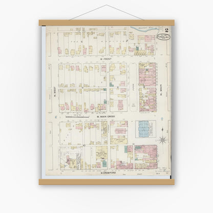 Old map wall art mockup — magnetic wood frame on white wall — Sanborn Fire Insurance Map from Findlay, Hancock County, Ohio (1887), Sheet #0002