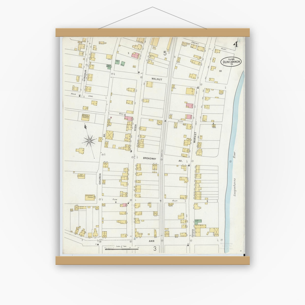 Old map wall art mockup — magnetic wood frame on white wall — Sanborn Fire Insurance Map from Duncannon, Perry County, Pennsylvania (1899), Sheet #0004