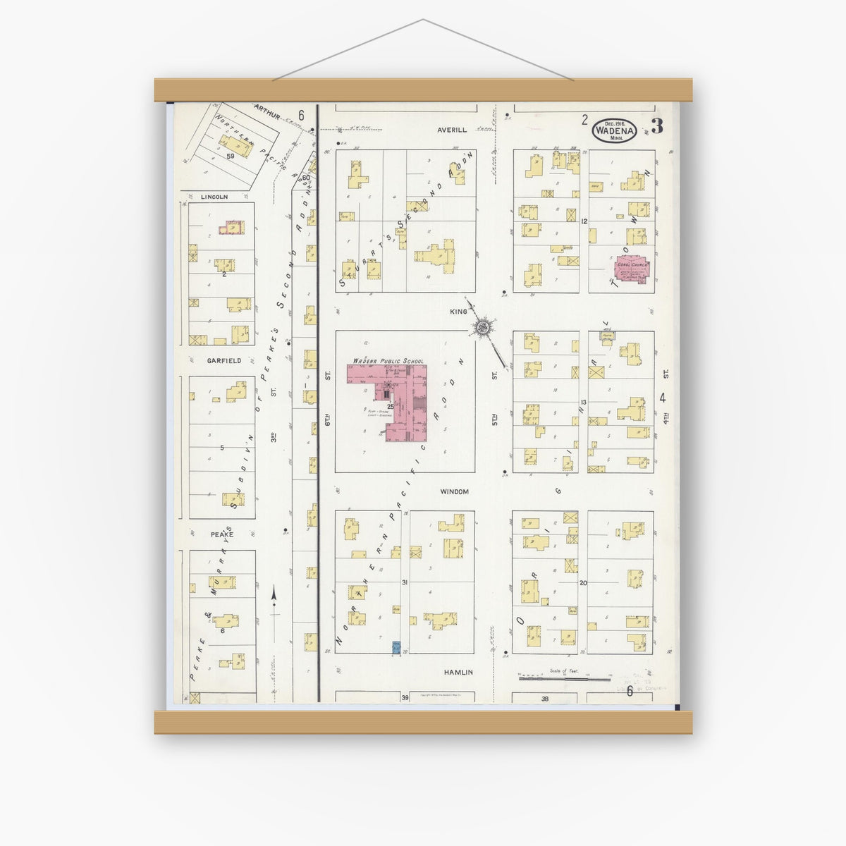Old map wall art mockup — magnetic wood frame on white wall — Sanborn Fire Insurance Map from Wadena, Wadena County, Minnesota (1916), Sheet #0003