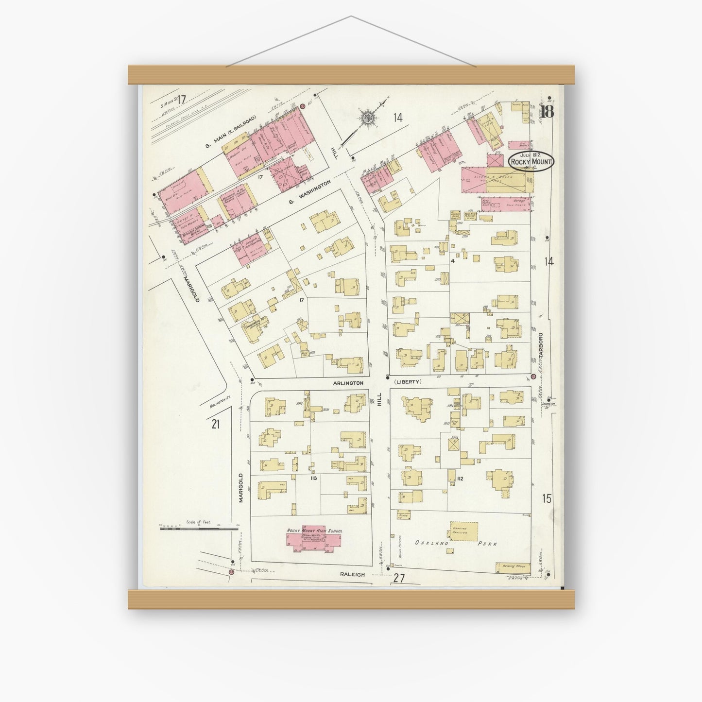 Old map wall art mockup — magnetic wood frame on white wall — Sanborn Fire Insurance Map from Rocky Mount, Edgecombe And Nash Counties, North Carolina (1912), Sheet #0018