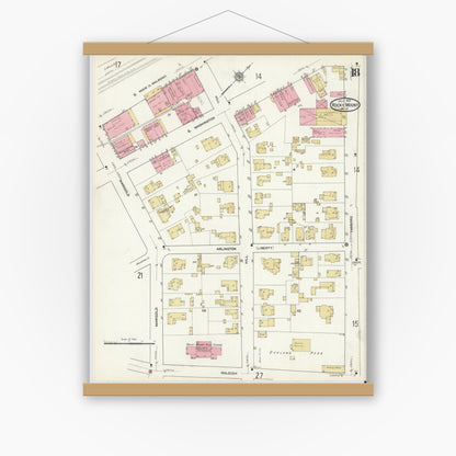 Old map wall art mockup — magnetic wood frame on white wall — Sanborn Fire Insurance Map from Rocky Mount, Edgecombe And Nash Counties, North Carolina (1912), Sheet #0018