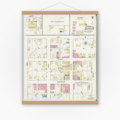 Old map wall art mockup — magnetic wood frame on white wall — Sanborn Fire Insurance Map from Alexandria, Madison County, Indiana (1892), Sheet #0002