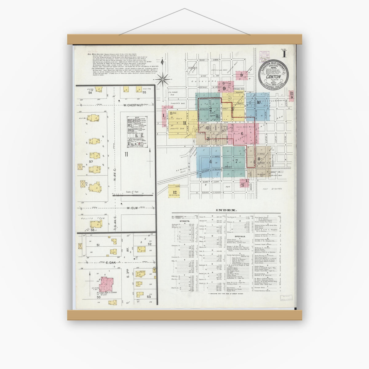 Old map wall art mockup — magnetic wood frame on white wall — Sanborn Fire Insurance Map from Canton, Fulton County, Illinois (1902), Sheet #0001