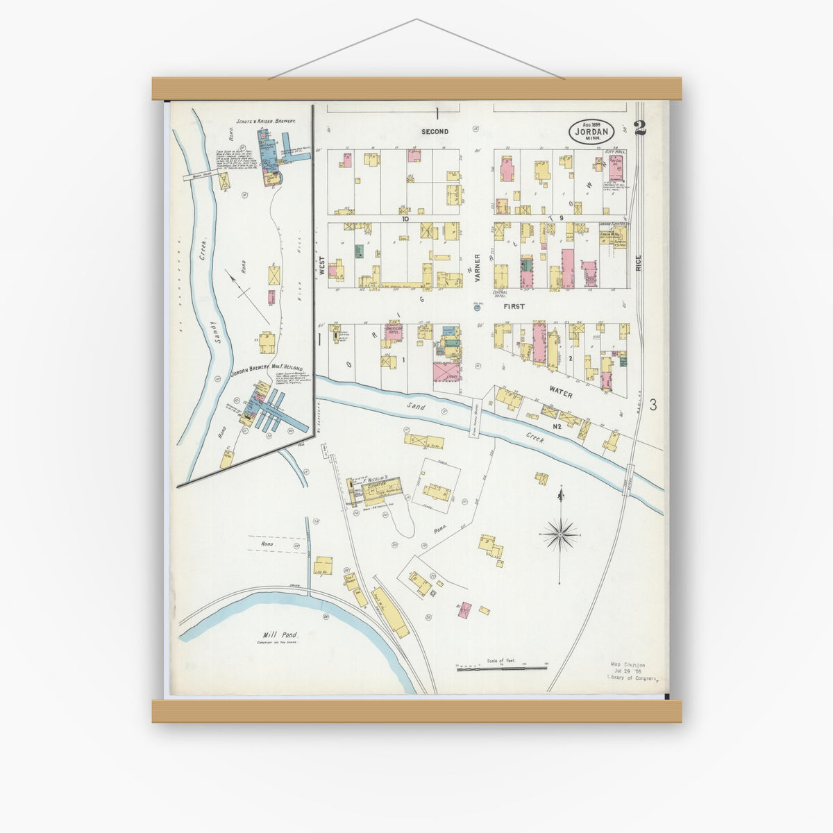 Old map wall art mockup — magnetic wood frame on white wall — Sanborn Fire Insurance Map from Jordan, Scott County, Minnesota (1899), Sheet #0002