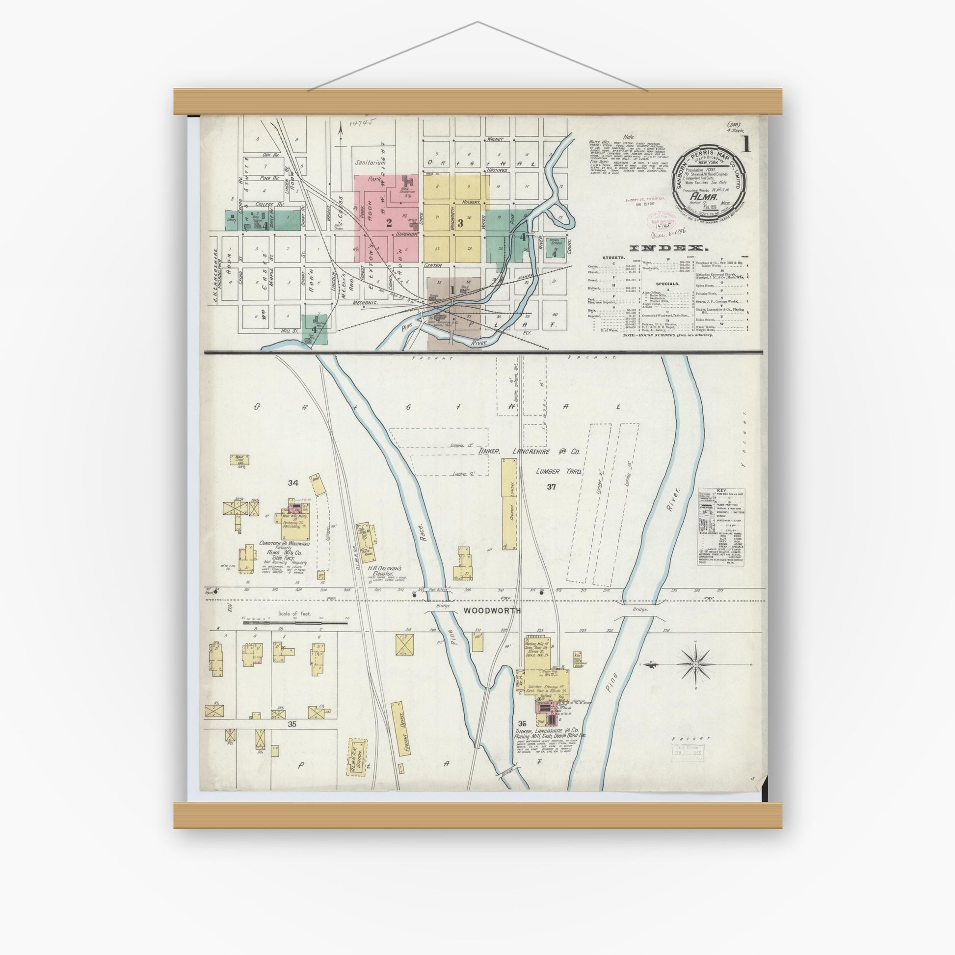 Old map wall art mockup — magnetic wood frame on white wall — Sanborn Fire Insurance Map from Alma, Gratiot County, Michigan (1896) - Complete Map Set