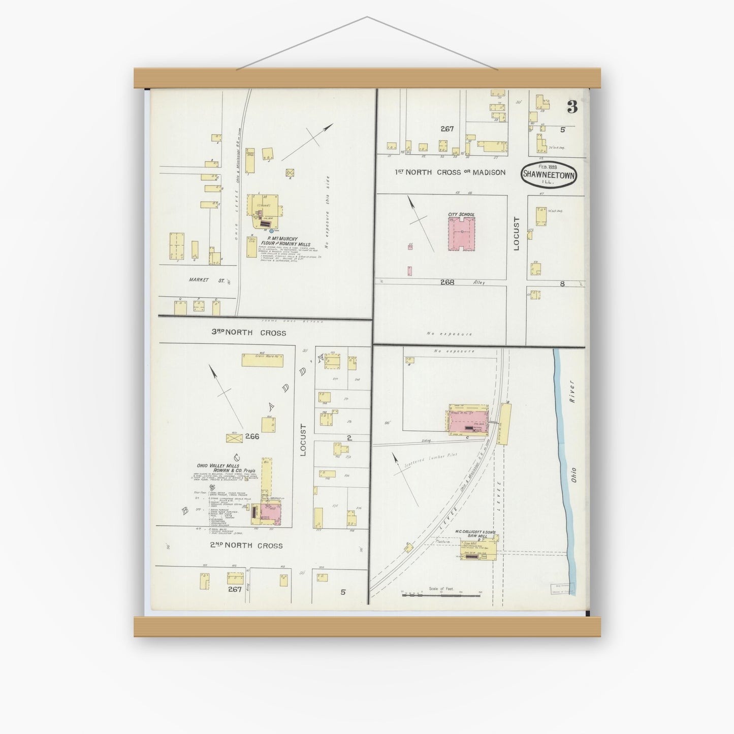 Old map wall art mockup — magnetic wood frame on white wall — Sanborn Fire Insurance Map from Shawneetown, Gallatin County, Illinois (1893), Sheet #0003