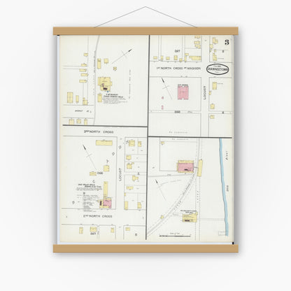 Old map wall art mockup — magnetic wood frame on white wall — Sanborn Fire Insurance Map from Shawneetown, Gallatin County, Illinois (1893), Sheet #0003