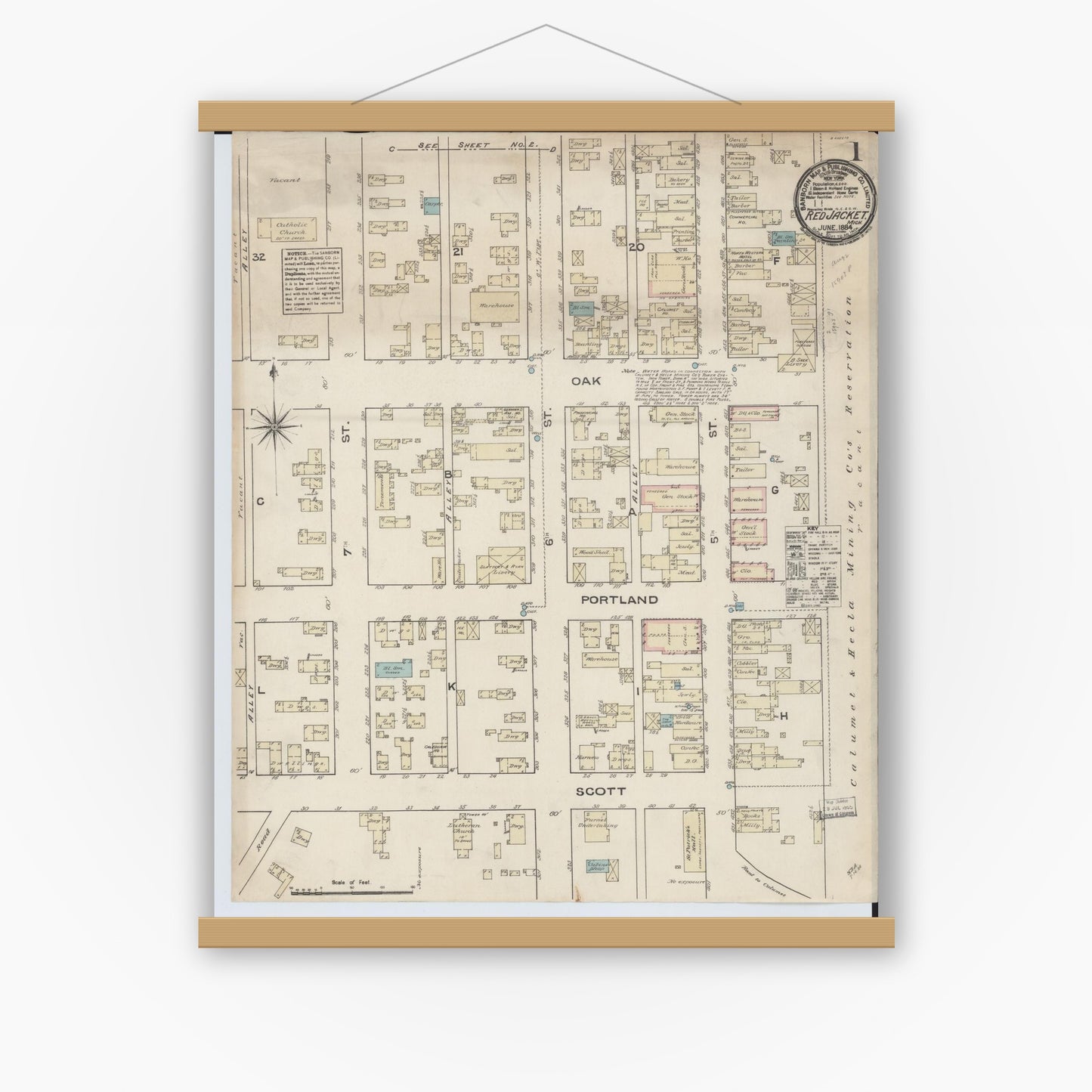 Old map wall art mockup — magnetic wood frame on white wall — Sanborn Fire Insurance Map from Red Jacket, Houghton County, Michigan (1884) - Complete Map Set