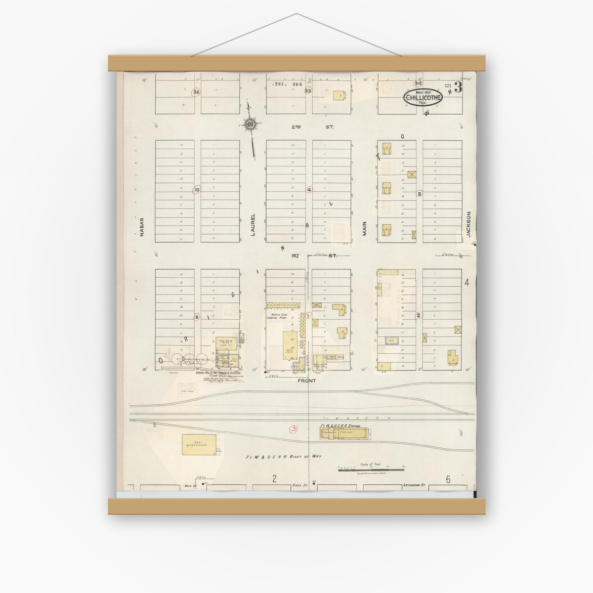 Old map wall art mockup — magnetic wood frame on white wall — Sanborn Fire Insurance Map from Chillicothe, Hardeman County, Texas (1941), Sheet #0003