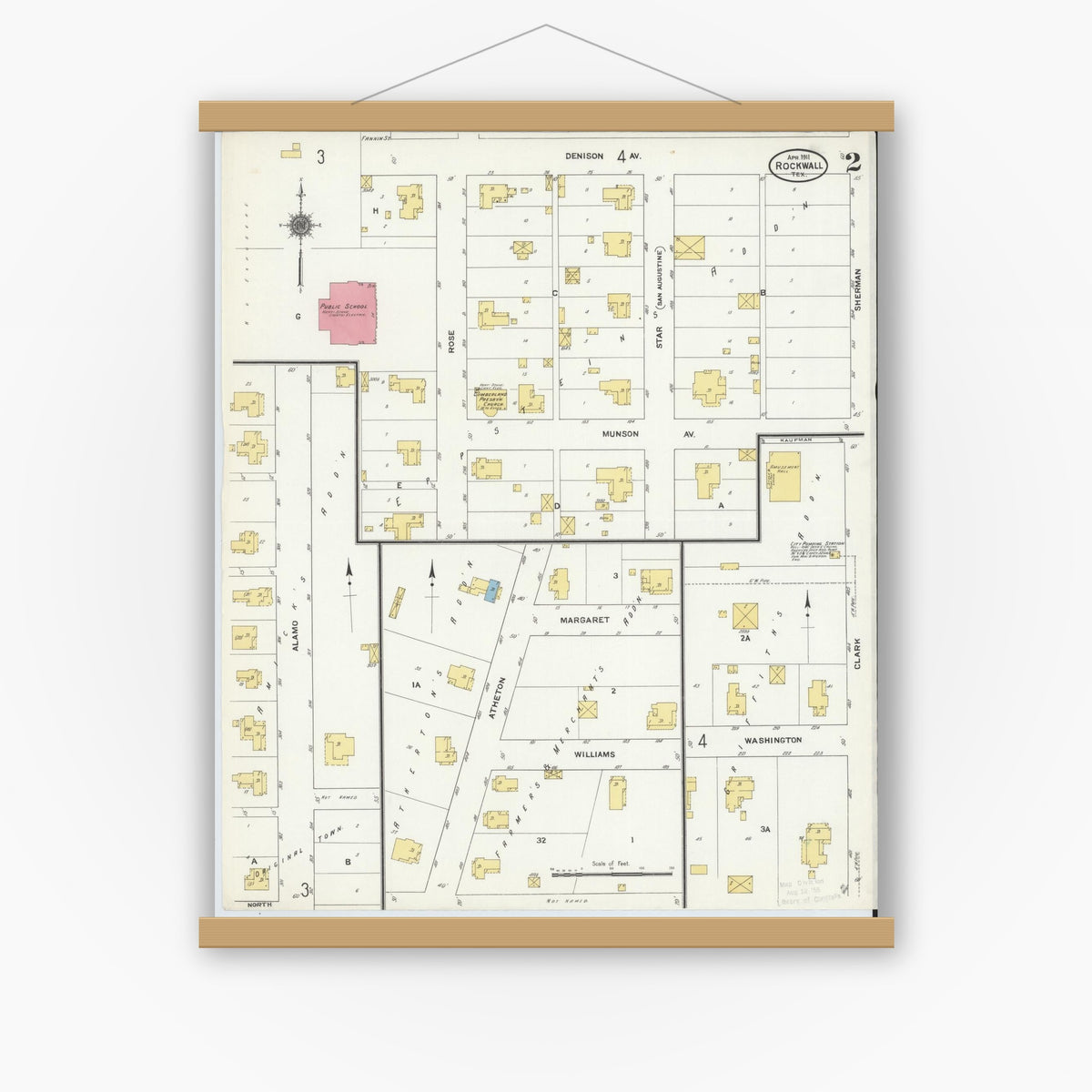 Old map wall art mockup — magnetic wood frame on white wall — Sanborn Fire Insurance Map from Rockwall, Rockwall County, Texas (1911), Sheet #0002
