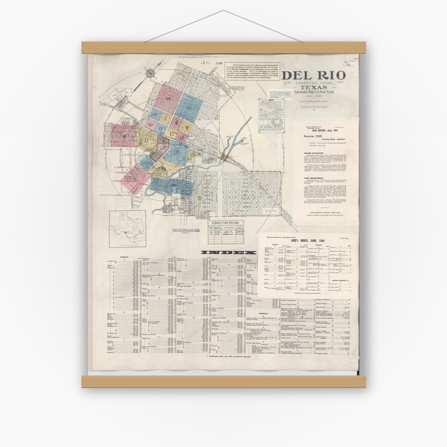 Old map wall art mockup — magnetic wood frame on white wall — Sanborn Fire Insurance Map from Del Rio, Val Verde County, Texas (1948), Sheet #0001