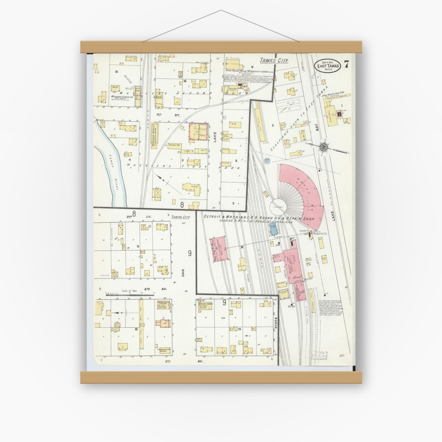 Old map wall art mockup — magnetic wood frame on white wall — Sanborn Fire Insurance Map from East Tawas, Iosco County, Michigan (1910), Sheet #0007