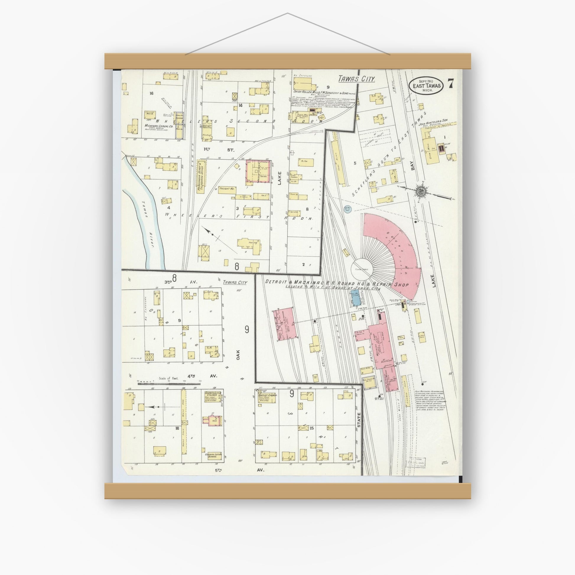 Old map wall art mockup — magnetic wood frame on white wall — Sanborn Fire Insurance Map from East Tawas, Iosco County, Michigan (1910), Sheet #0007