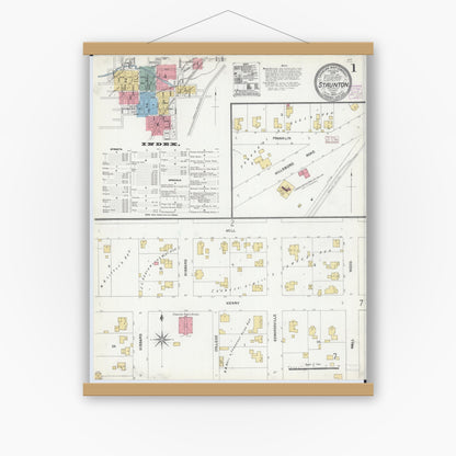 Old map wall art mockup — magnetic wood frame on white wall — Sanborn Fire Insurance Map from Staunton, Macoupin County, Illinois (1906), Sheet #0001