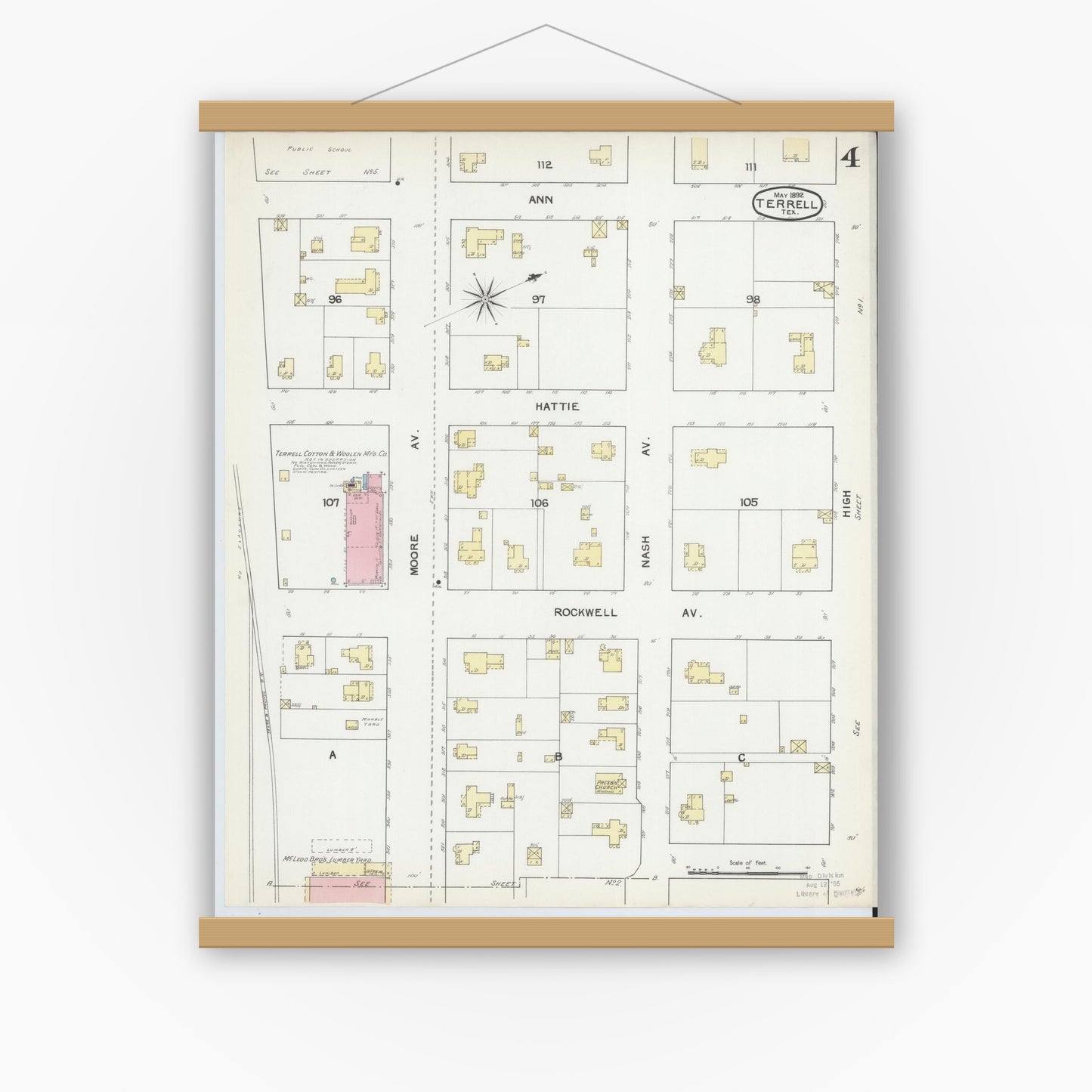 Old map wall art mockup — magnetic wood frame on white wall — Sanborn Fire Insurance Map from Terrell, Kaufman County, Texas (1892), Sheet #0004