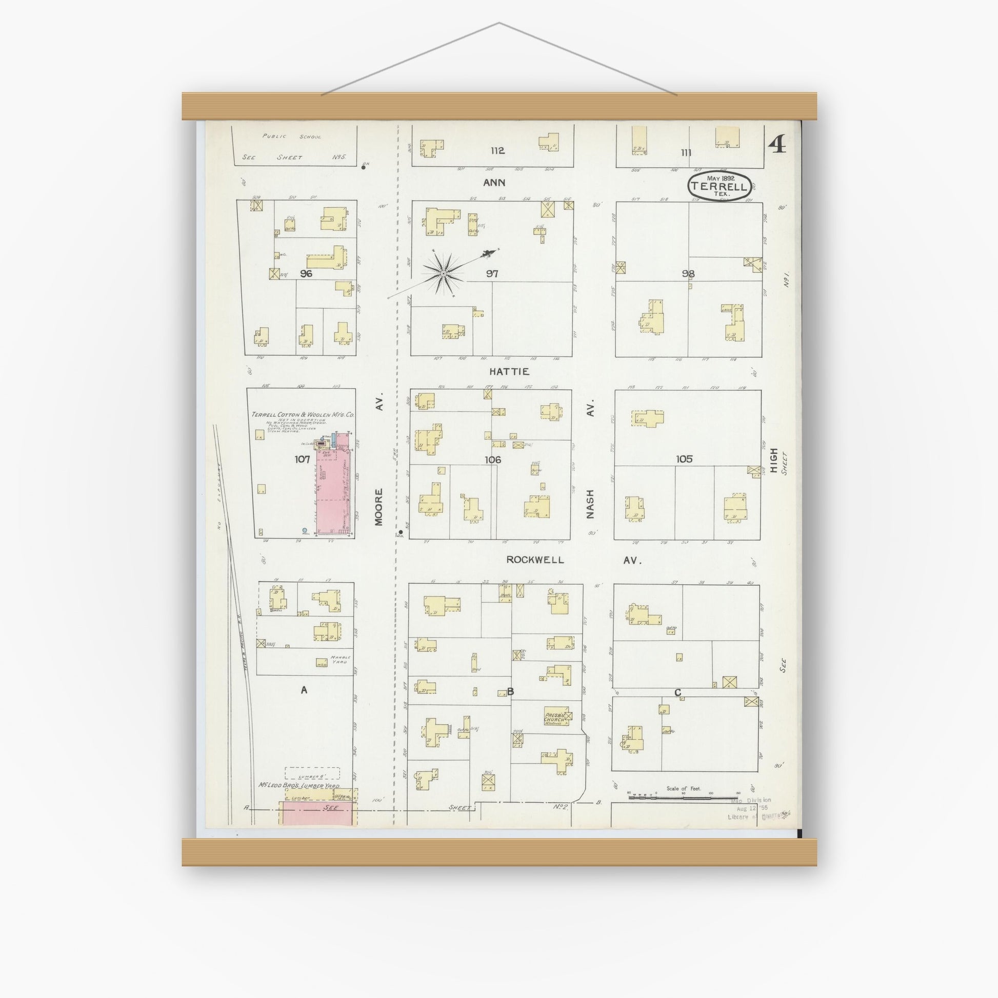 Old map wall art mockup — magnetic wood frame on white wall — Sanborn Fire Insurance Map from Terrell, Kaufman County, Texas (1892), Sheet #0004