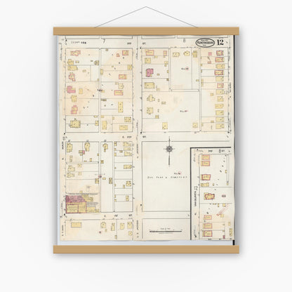Old map wall art mockup — magnetic wood frame on white wall — Sanborn Fire Insurance Map from Huntingburg, Dubois County, Indiana (1949), Sheet #0012