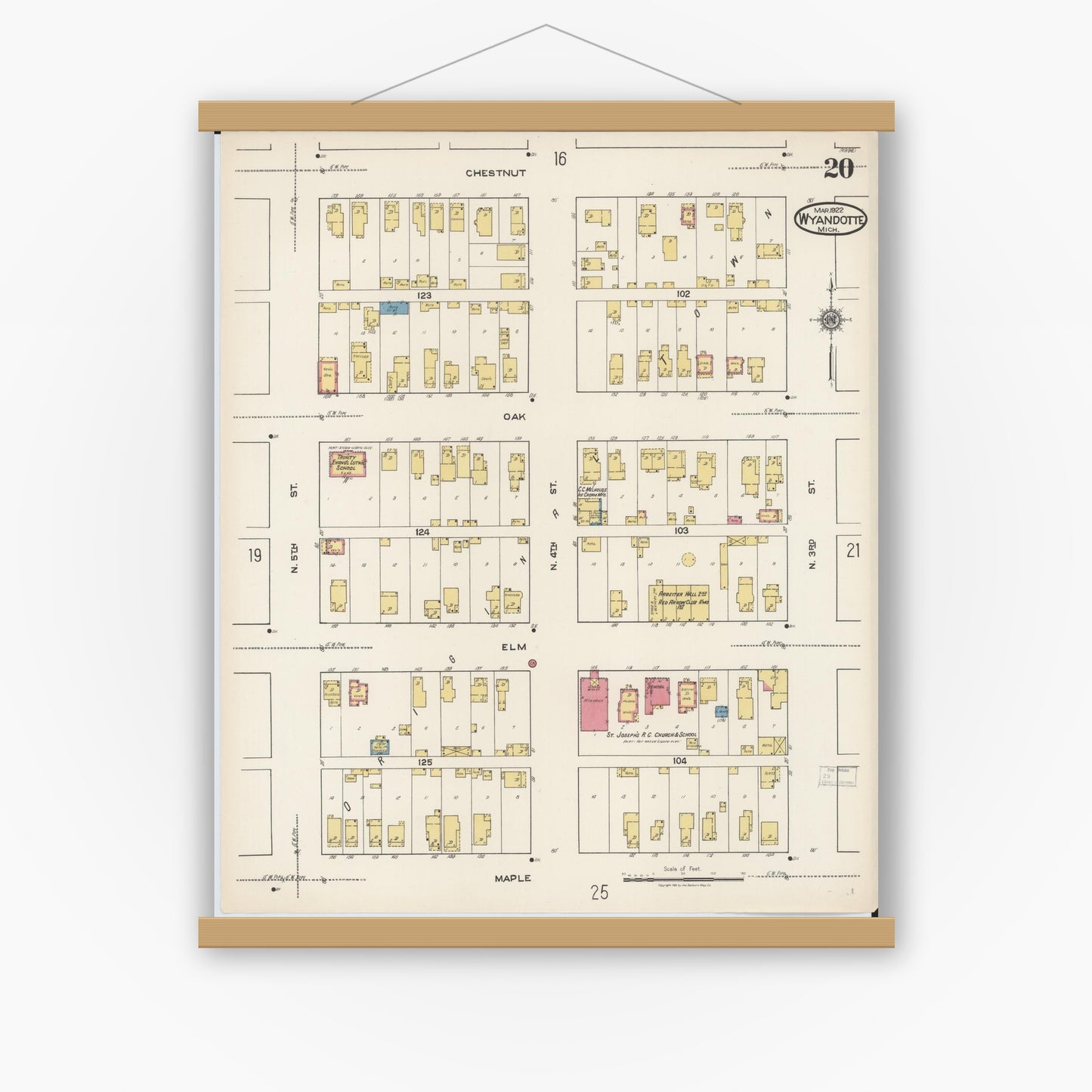 Old map wall art mockup — magnetic wood frame on white wall — Sanborn Fire Insurance Map from Wyandotte, Wayne County, Michigan (1922), Sheet #0020