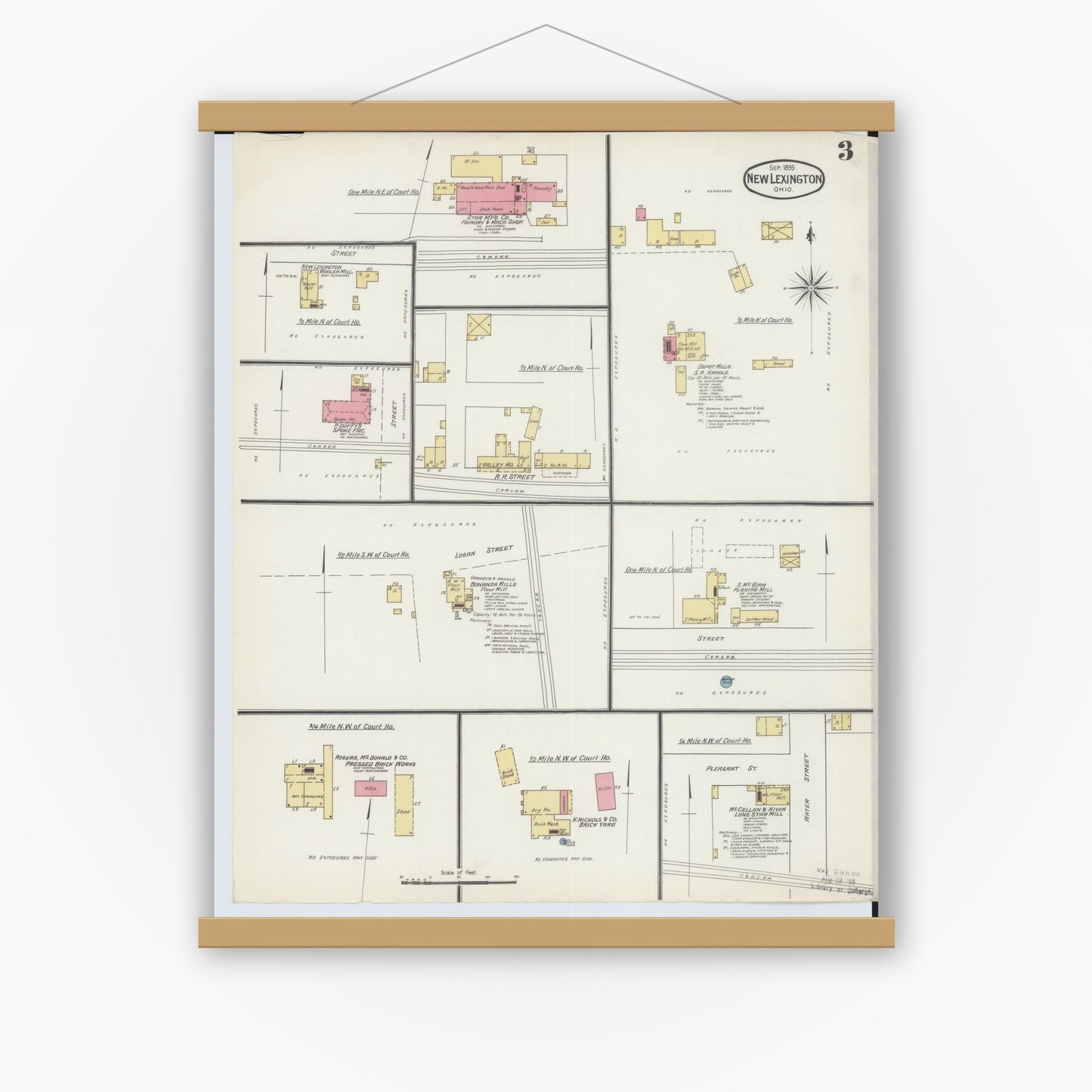Old map wall art mockup — magnetic wood frame on white wall — Sanborn Fire Insurance Map from New Lexington, Perry County, Ohio (1893), Sheet #0003