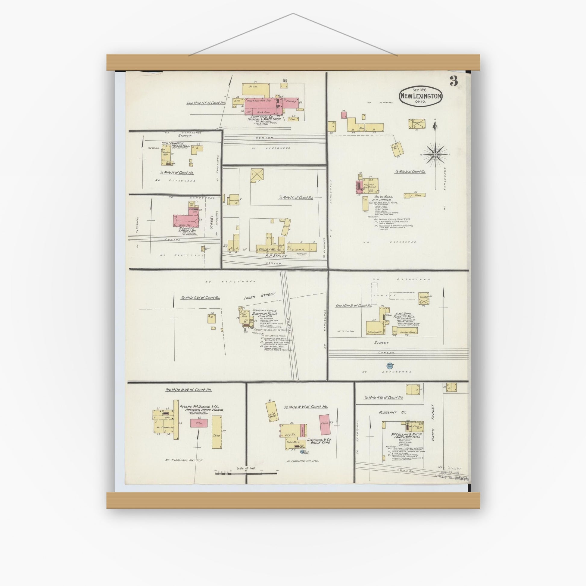 Old map wall art mockup — magnetic wood frame on white wall — Sanborn Fire Insurance Map from New Lexington, Perry County, Ohio (1893), Sheet #0003