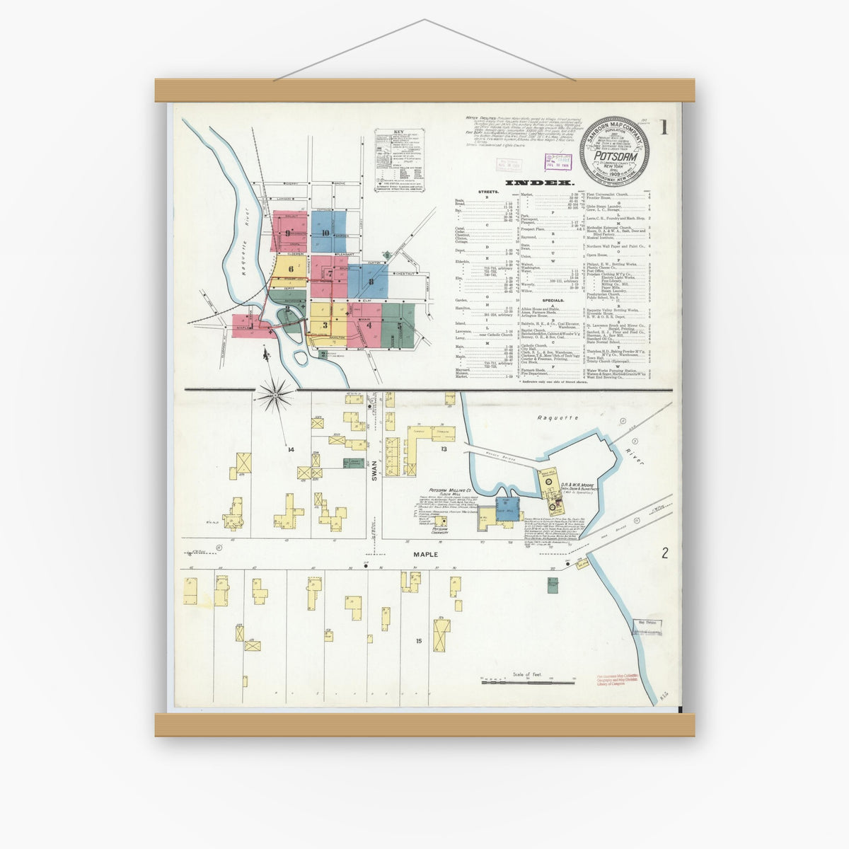 Old map wall art mockup — magnetic wood frame on white wall — Sanborn Fire Insurance Map from Potsdam, St. Lawrence County, New York (1909) - Complete Map Set