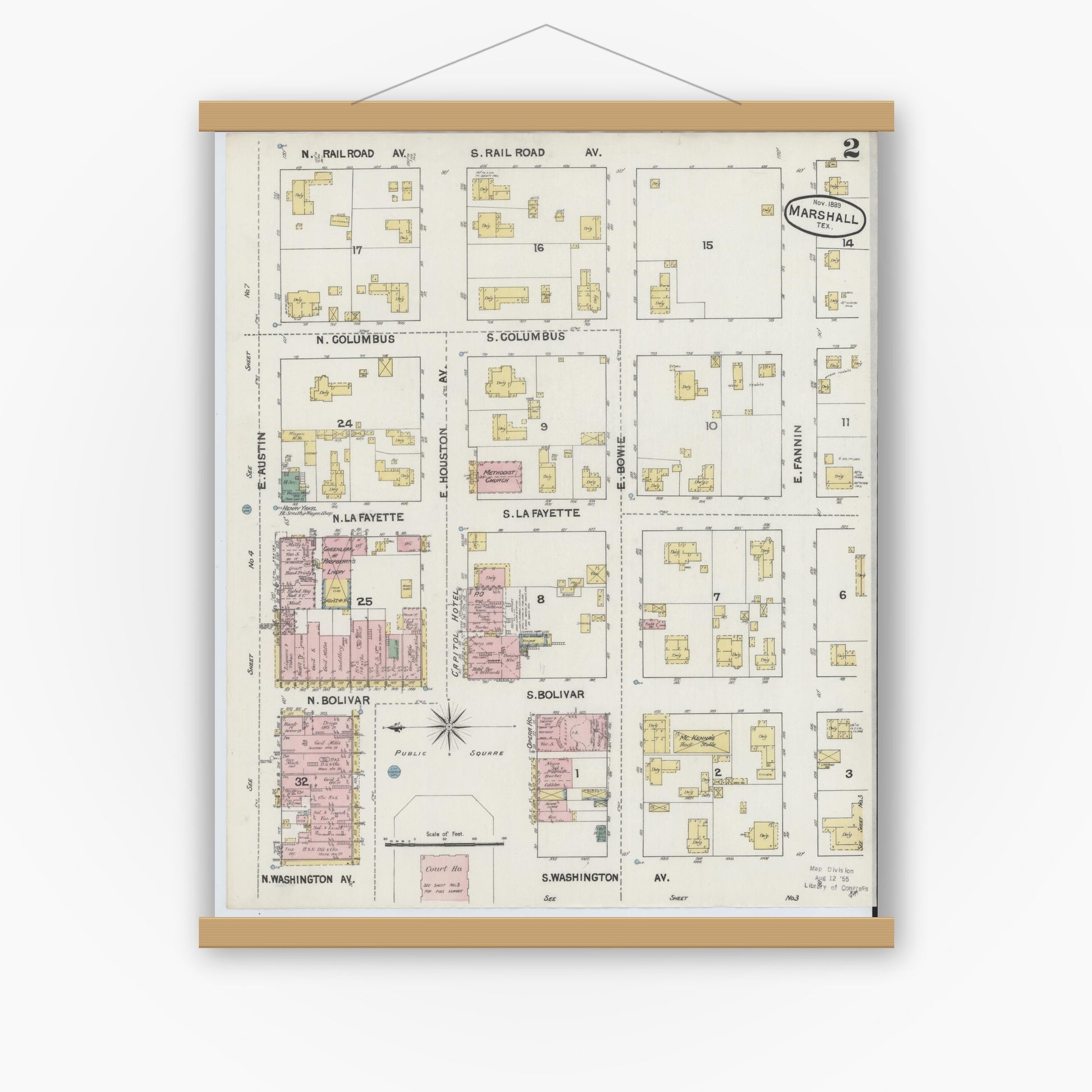 Old map wall art mockup — magnetic wood frame on white wall — Sanborn Fire Insurance Map from Marshall, Harrison County, Texas (1889), Sheet #0002