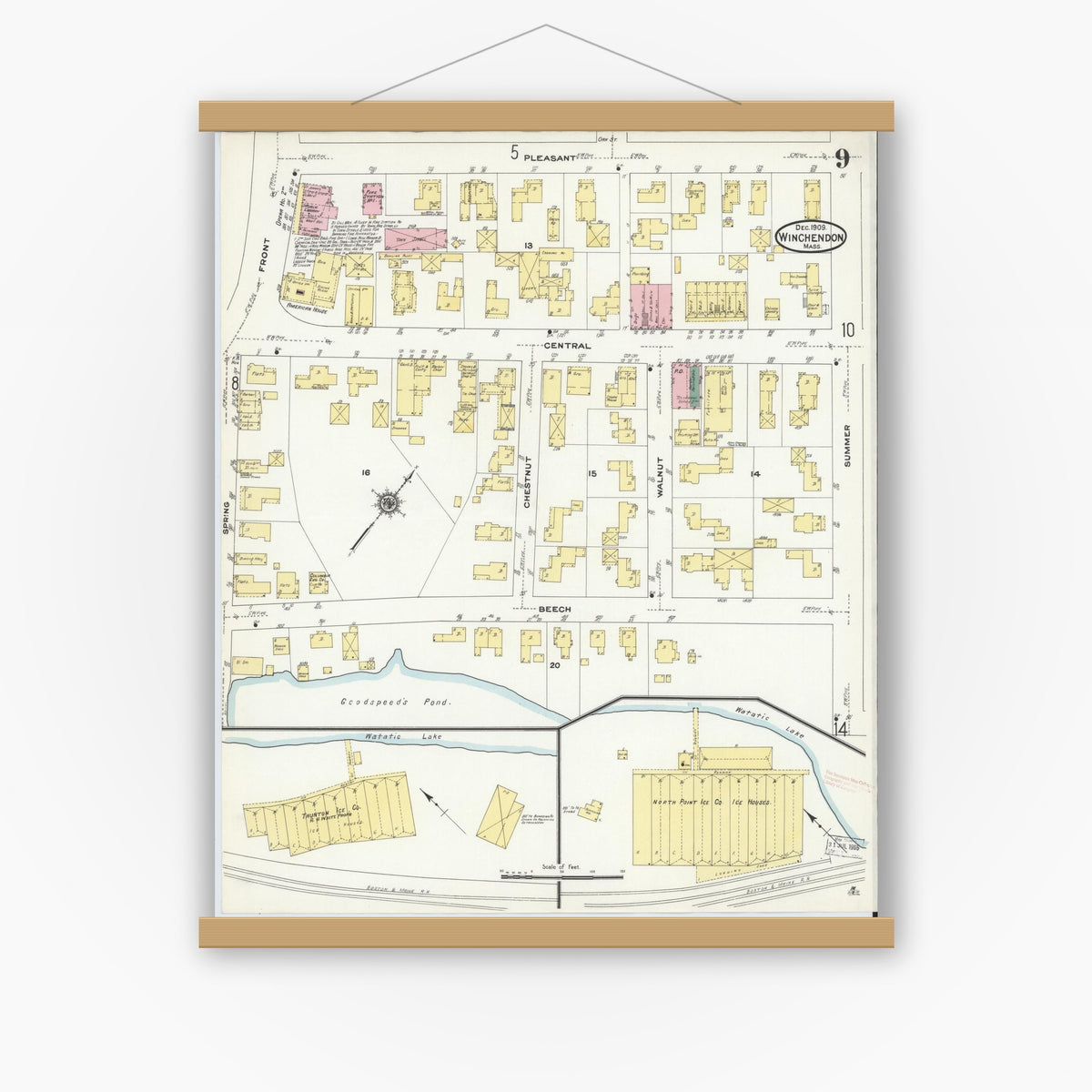 Old map wall art mockup — magnetic wood frame on white wall — Sanborn Fire Insurance Map from Winchendon, Worcester County, Massachusetts (1909), Sheet #0009